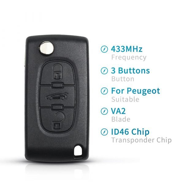 3-knapps fjärrnyckel CE0536 433MHz ID46 chip VA2 för Peugeot