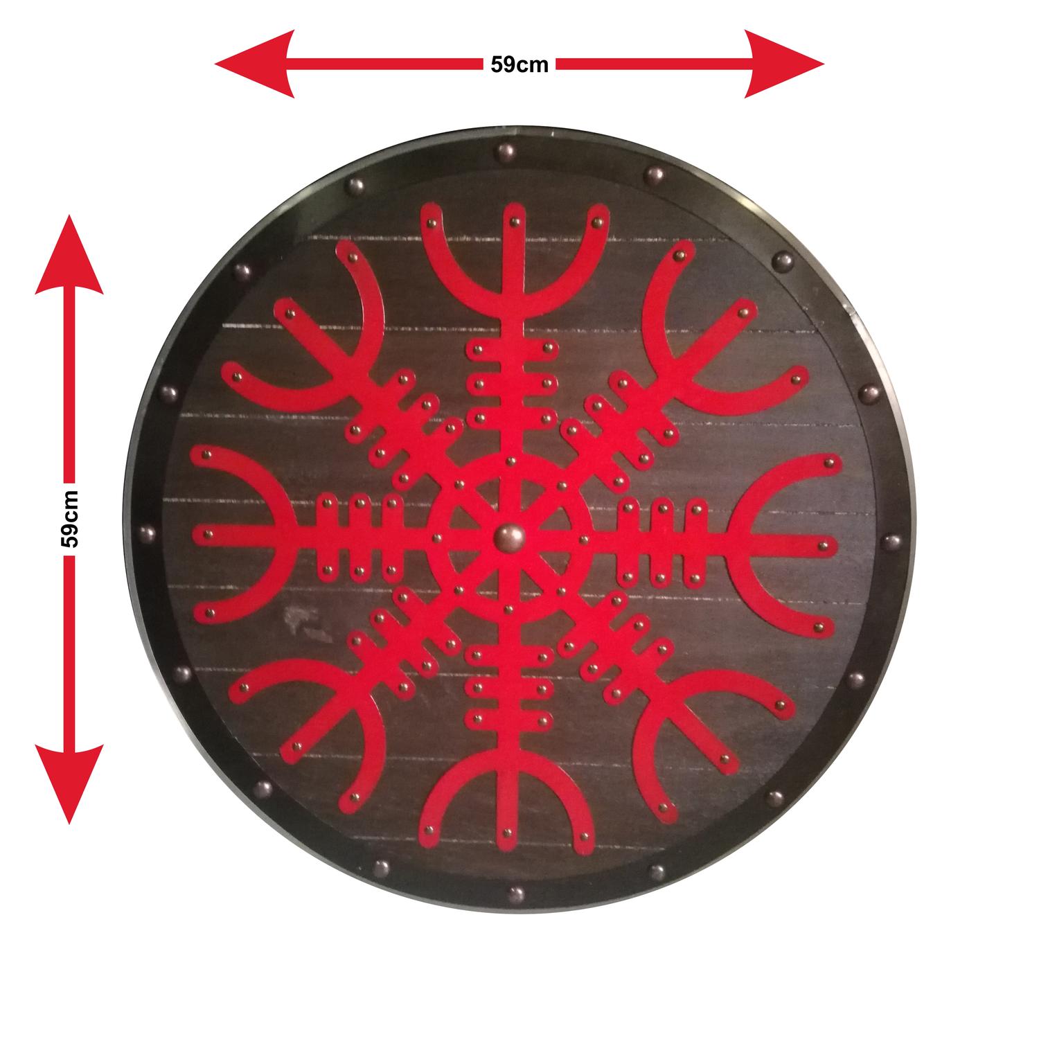 Trävikingasköld handgjord Helm Of Awe metallskiva SWE14