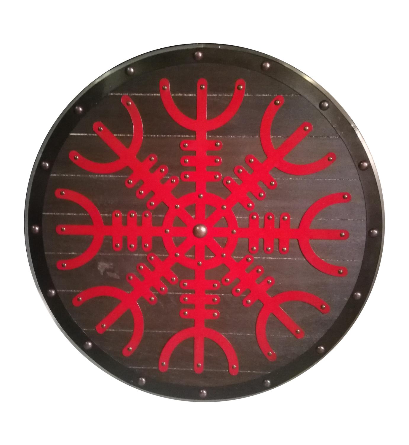 Trävikingasköld handgjord Helm Of Awe metallskiva SWE14