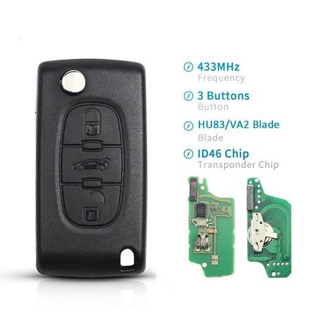3-knappsnyckel CE0536 433MHz ID46 chip VA2 för Peugeot