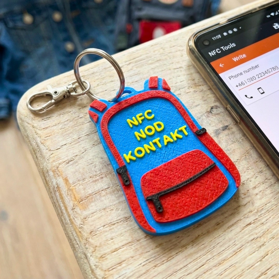 NFC-tagg för nödkontakter | Nyckelring för skolryggsäck för barn
